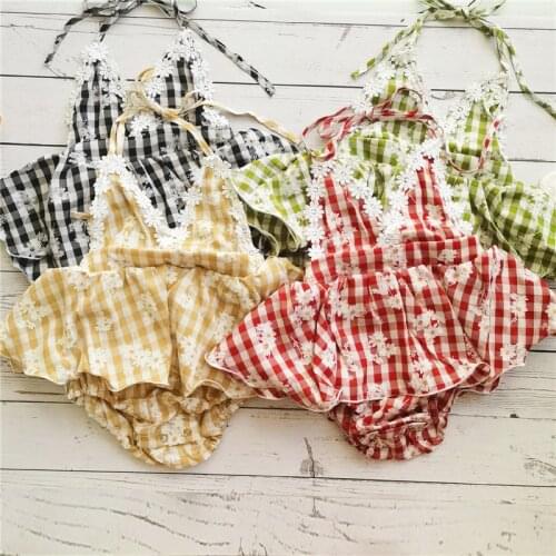 0-24M Lovely Baby Girls Summer Romper Dress Toddler Infant Princess Girls Flowers Plaid Printed Sleeveless Belt Jumpsuits Dress