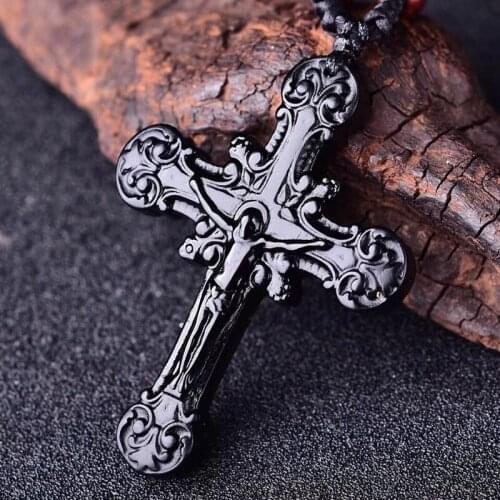 Natural Black Obsidian Beads Necklace Hand-Carved Cross Jesus Christianity Jade Pendant Fashion Charm Amulet Gifts Jewelry