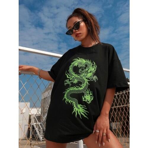New plus size womens T-shirt Harajuku summer T-shirt fashion dragon print womens T-shirt casual T-shirt womens clothing