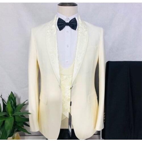 New Ivory Pattern Flower Printed Men Suits Wedding Costume Homme Slim Fit Men Suits 3 Pcs Groom Prom Blazer Terno Masculino