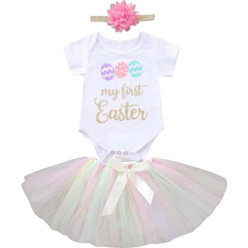 New Easter Baby Girl 3 Piece Outfits, My First Easter Letter Printed Romper Tops and Mesh Tutu Skirt Set with Headband Set