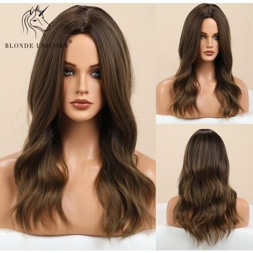 Blonde Unicorn Syntheic Medium Length Natural Wavy Ombre Brown Highlights Wig for Black White Women Hair Wigs Heat Resistant