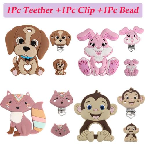 Kovict Rainbow Animals Silicone Beads/Clip/Teether Set Baby Molar Accessories DIY Pacifier Chain Necklace Chewable Nursing Toys