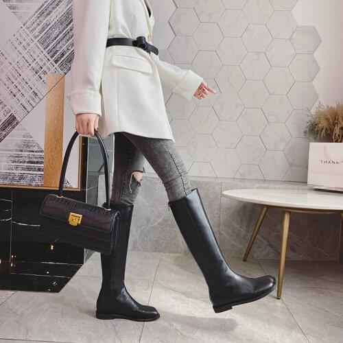 Swiftmovement women long Boots flat shoes fashion Comfortable Square toe zipper Low-heeled Ladies boots black Autumn