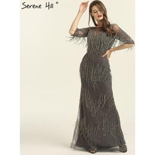 Grey Mermaid Tassel Beading New Evening Dresses 2020 Half Sleeves Elegant Formal Evening Gowns Serene Hill LA6559