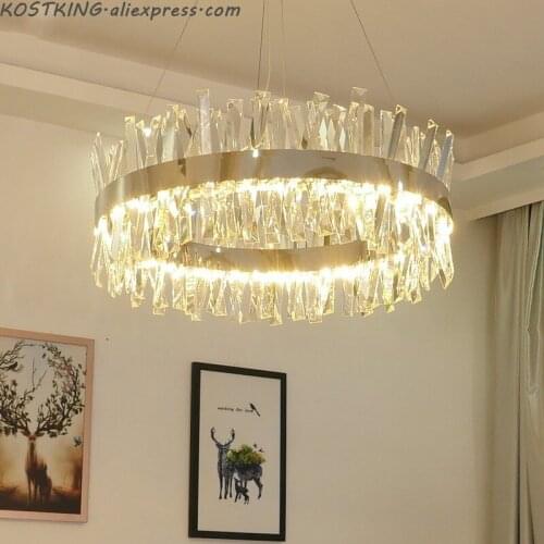 Modern Round Crystal Chandelier For Dining Room Rectangle Design Kitchen Island Lighting Fixtures Chrome LED Cristal Lustre