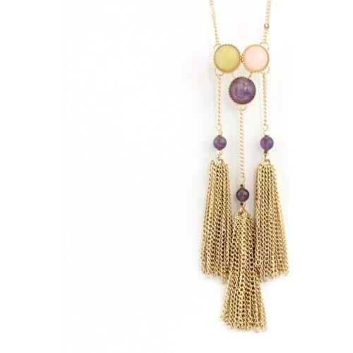 Light Yellow Gold Color Round Rose Pink Quartz Pendant Link Chain Necklace with Tassels Amethysts Stone Jewelry