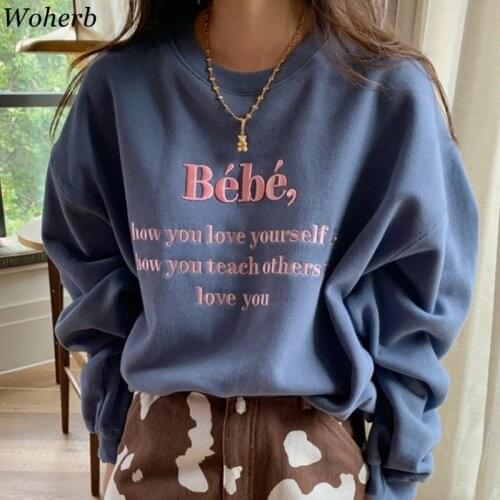 Woherb Autumn New Simple Sweatshirts Women O-neck Loose Korean Fashion Chic Letter Embroidery Hoodie Female Casual Tops Pullover