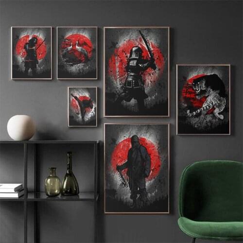 Japanese Ink Canvas Art Print Poster Samurai Black Red Wall Art Paintings for Living Room Decoration Home Decor