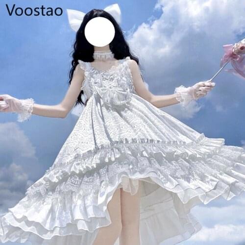 Japanese Sweet Lolita Jsk Dress Women Elegant Bow Lace Ruffles White Flower Wedding Dresses Girly Cute Princess Party Costumes