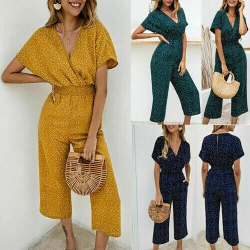 Women Polka Dot Printed V-neck Jumpsuit Holiday Long Playsuit Romper Playsuit Ladies Casual Wide Leg Pants