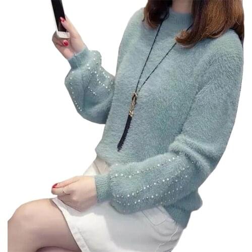 Fall Winter Women Mink Fleece Sweater Pullover New Solid Long Sleeve Beaded Lantern Sleeve Knitted Sweater Female Jumper Tops