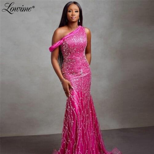 Deep Pink Mermaid Long Party Dresses 2021 Arabic Dubai One Shoulder Beaded Crystals Evening Gowns Robes Evening Dress Vestidos