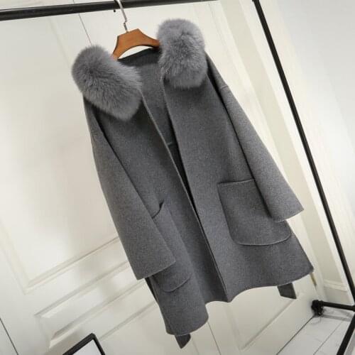 2020 Real Fur Coat Winter Jacket Women Natural Fox Fur Collar Cuffs Hood Cashmere Wool Woolen Oversize Ladies Outerwear