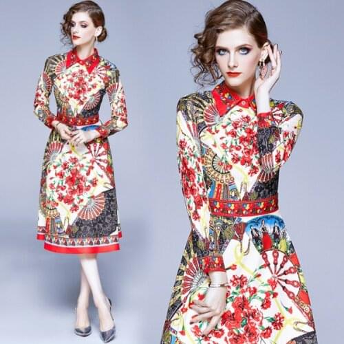 Sexy Women Retro Palace Dress Party Elegant Vintage Print Long Sleeve Queen Sundress