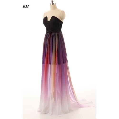 2019 Gradient Colorful Sexy Dresses Ombre Chiffon Prom Dress Evening Dress Strapless Pleats Women Formal Occasion Dress BM166