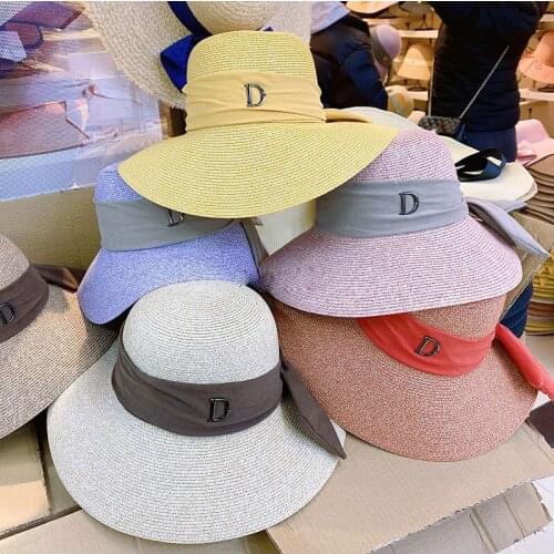 2021 Summer Straw Hat Fashion Casual Panama Beach Fedora Wide Brim Breathble Bow Ribbon Sun Custom Cap For Women Pink Cowboy Hat