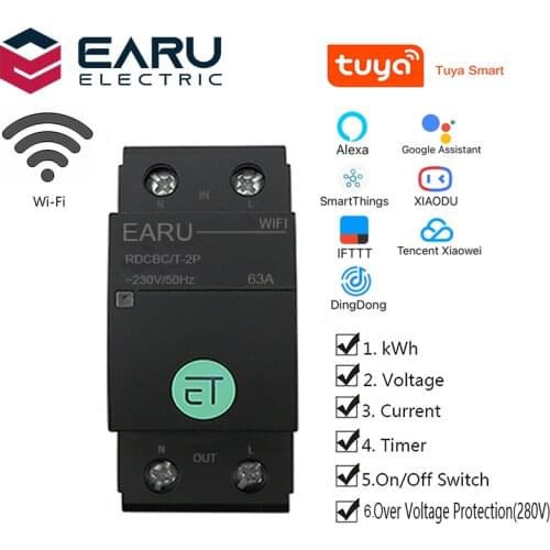 TUYA APP 2P Smart WIFI Circuit Breaker Voltage Energy Power kWh Meter Time Timer Relay Switch Voltmeter Ammeter Remote Control