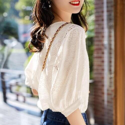 Blusas Mujer De Moda 2021 Hollow Lantern Sleeve Lace Shirt Short-sleeved Women Korean Summer New Loose Tops White Blusas 0954