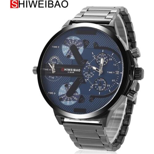 Big Watch Men Luxury Quartz Sport Military Mens Watches Full Black Steel Watchband Clock Man 2 Time Zones DZ Relogio Masculino