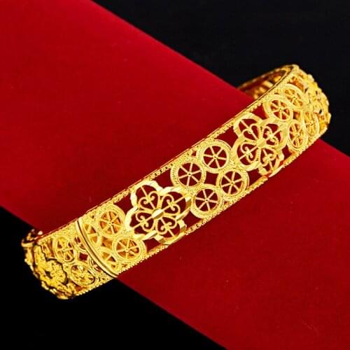 Dubai Bangle Women Hollow Filigree Yellow Gold Filled Wedding Female Bridal Bracelet Gift 1pcs