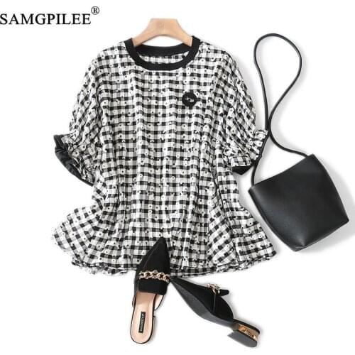 Tops Women 2020 Casual T-shirt For Women Broadcloth Short Sleeve Plaid Oversized T Shirts O-neck Women Summer Clothing 3XL