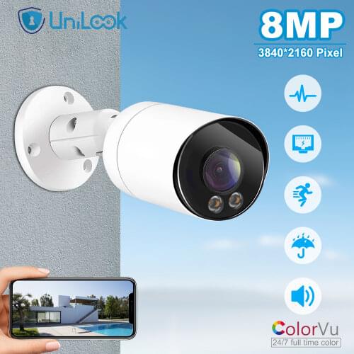 UniLook 8MP Bullet POE IP Camera ColorVu 3.6mm Fixed Lens Audio Motion Detection IP 66 CCTV Surveillance Onvif H.265 P2P View