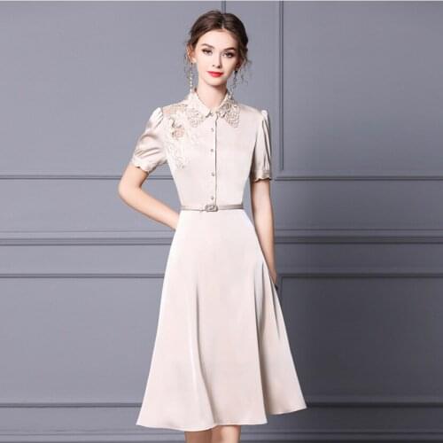 Embroidery Apricot Brown Sweet Shirt Style Summer Woman Dress Waist Puff Sleeve Turn-Down Collar Elegant Ladies A-Line OL Skirts