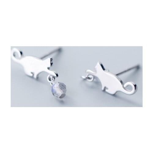 Cute small Real. 925 Sterling Silver ear Kitten Cat with Moonstone Ear Stud Earrings C-G0232