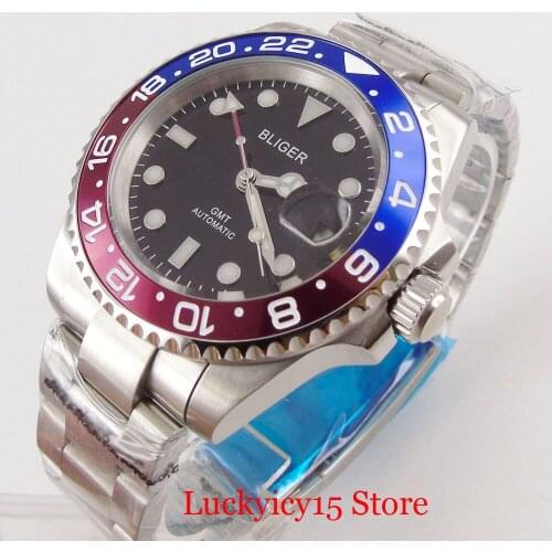 Automatic Men Watch Red GMT Date Window Alloy Bezel 40mm Wristwatch SS Bracelet Deployment Clasp