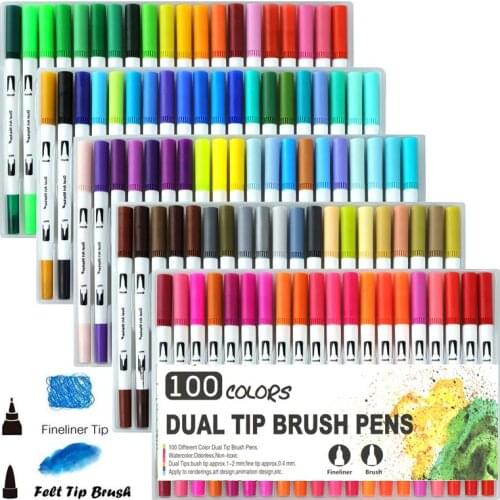100 PCS Color Dual Tip Brush Pens Colored Marker Pen 0.4 Fineliner Point Art Markers Set Drawing Manga Stationery Supplies