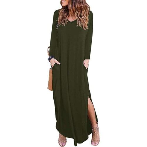 2020 Autumn V-neck Pocket Split Irregular Long Sleeve Dress Long Skirt