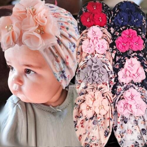 Autumn Floral Pearl Baby Hat Turban Flower Print Newborn Toddler Head Wrap Bonnet Soft Elastic Infant Girl Boy Beanies Cap
