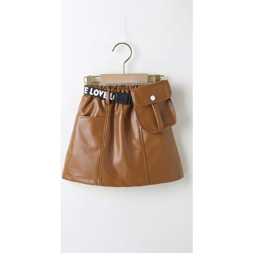 Autumn fall clothes baby girls A-line skirt PU leather belted pockets letters print kids skirts toddler fashion 2 to 7 yrs