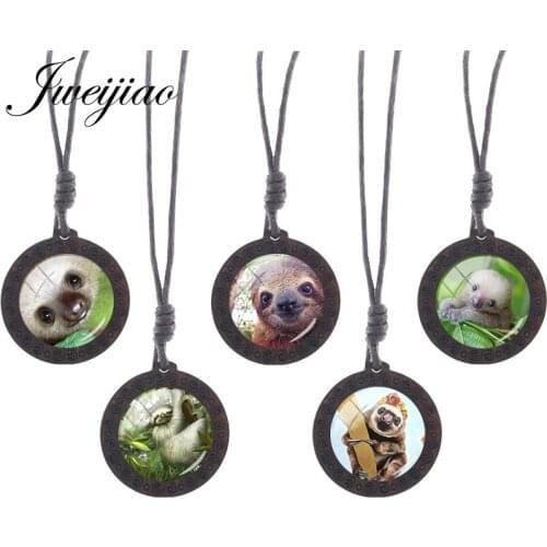 JWEIJIAO Cute Sloth Bradypod Animal Necklace Rope Long Chains Wooden Round Pendant Fashion Necklaces Women Men Jewelry ZZ53