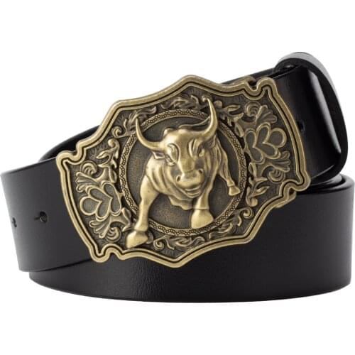 Men Cow Bull Smooth Buckle Zinc Alloy Belt Mens Punk Rock Genuine Leather Belts Casual Men Accessories