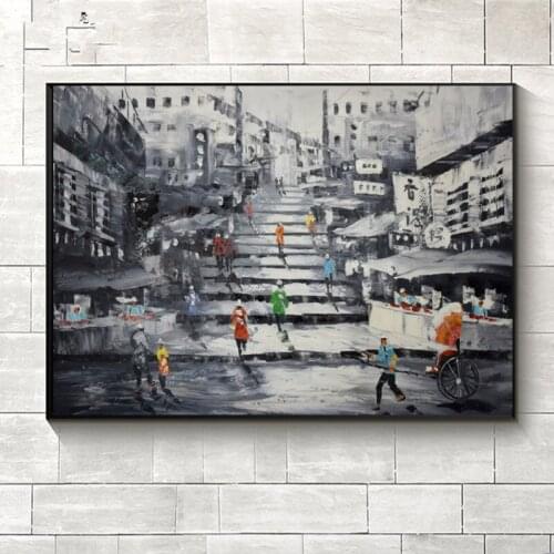 Hand Painted Knife Abstract Oil Painting Canvas White and Black HongKong Street Painting Wall Picture for Living Room