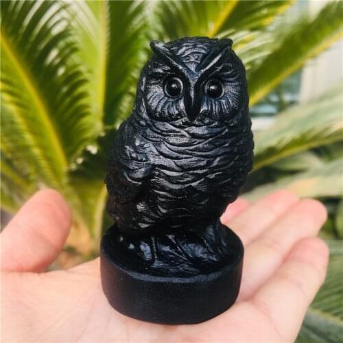 Natural crystal jewel Owl statue black obsidian miniature animal stone and healing crystal craft carved decorative statues for