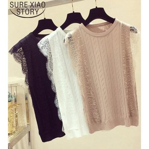 Blusas Solid Hollow Out Clothes 2020 Summer Korean Sleeveless O-Neck Lace Knitted Patchwork Tops Women Mesh Shirt Chic 8795 50