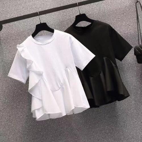 Oversized Loose Ruffles Patchwork Women White T-Shirts Summer New 2021 Elegant Office Lady Pulls Outwear Tops