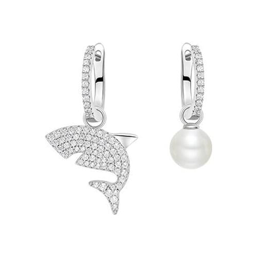 SLJELY Fashion Design 925 Sterling Silver Asymmetric Shark Pearl AB Earrings Micro Cubic Zirconia Stones Women Fine Jewelry