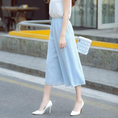 Womens Pants Summer Thin Double Layer Chiffon High Waist Wide Leg Trousers Seven Minute Trousers Loose Casual Trousers