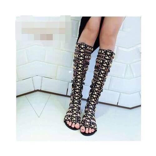 High quality woman roman hollow flat sandal boot open toe metal beading high toe flat Roman gladiator flat sandal plus size
