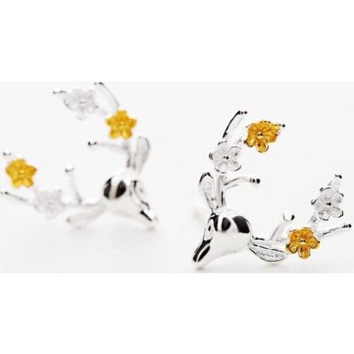 Daisies Pure 925 Sterling Silver Beautiful Flower Deer Animal Piercing Stud Earrings Women Girls Party Gift Christmas Jewelry