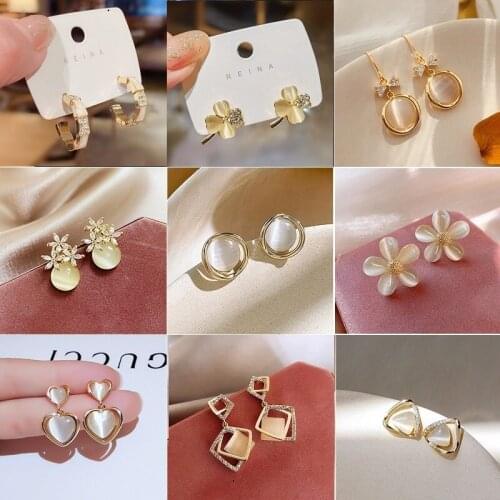 S925 sterling silver needle opal earrings female sweet 2021 new geometric square diamond Ear studs simple temperament jewelry