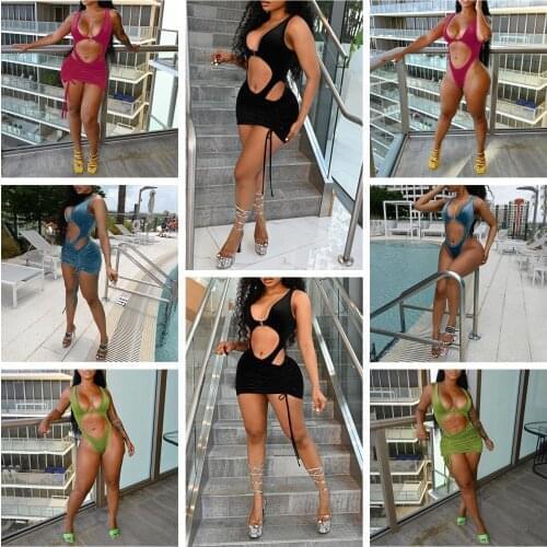 Women Two-piece Swimming Clothes Set,Summer New Sexy Solid Color Deep V-neck Swimwear and Drawstring Skirt,S/ M/ L/ XL/ XXL