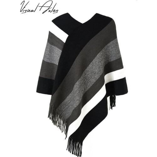 Fashion Women Autumn Winter Black White Striped Poncho Casual Sleeveless V-Neck jersey mujer Ladies Knitted Pullovers Sweater