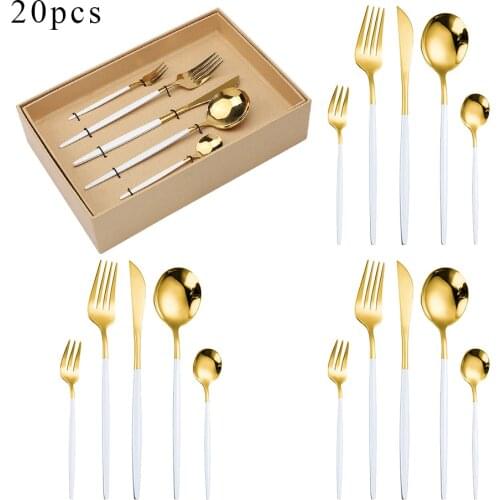 20Pcs Stainless Steel Cutlery Set Gift Box Dinner White Gold Dinnerware Set Knife Fork Spoon Kitchen Tableware Silverware Sets