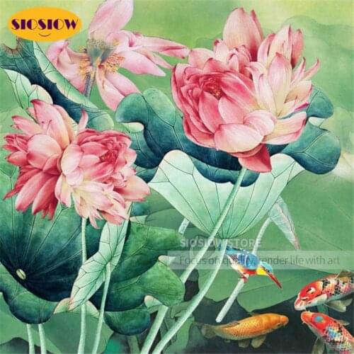 5D DIY Diamond Painting Flowers Lotus Carp Full Drill Square 3D Chinese Mosaic Cross-Stitch Kits Daimond Embroidery Needlework