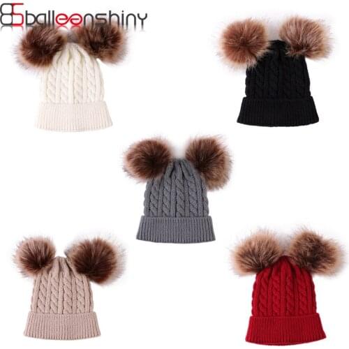 BalleenShiny 2020 Baby Hat Lovely Furry Balls Caps Warm Solid Knitted Hat 15*18cm suitable for 6-36 months kids Play Outdoor